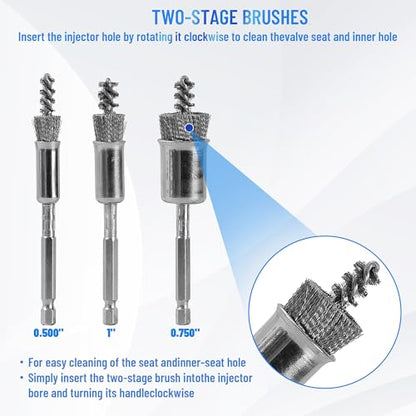 17-Pack Professional Diesel Injector Seat Cleaning Set 8090S on Cylinder Heads with Swabs and Helix Brushes, Two-Stage Brushes, Bore Brushes and Swabs Stainless Steel