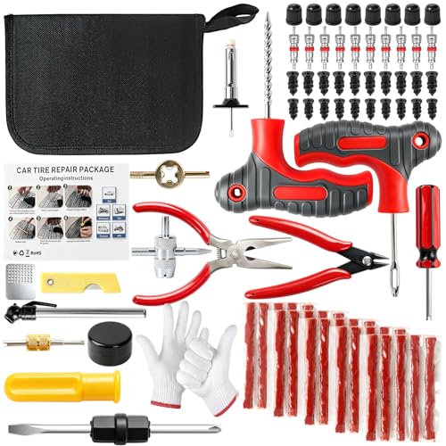 79 PCS Flat Tire Repair Kit,Tubeless Plug and Tire Patch Kit with Metal T-Handle Tools, Repair Strips, Rubber Plug Screws, Valve Core Tool & Case, Tire Plug Kit for Car, SUV, Motorcycle, ATV, Truck - color: 79PCS
