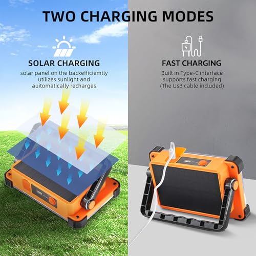 150W Solar Rechargeable Work Light, 180 LED 10000LM Portable Flood Light, IP65 Waterproof 3 Modes, with Stand, for Job Site Home Repair Camping Fishing Garage Workshop Emergency