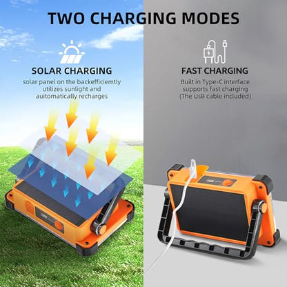 150W Solar Rechargeable Work Light, 180 LED 10000LM Portable Flood Light, IP65 Waterproof 3 Modes, with Stand, for Job Site Home Repair Camping Fishing Garage Workshop Emergency