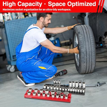 TOOLEAGUE 6Pcs Magnetic Socket Organizer Set,1/4", 3/8", 1/2" Hold 143 Pcs | Strong Magnets, Clear Sockets Size Markings, Red Metric & Black SAE Magnetic Socket Trays (Black, Red)