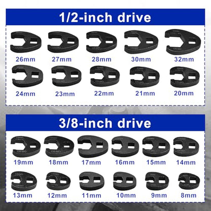 LainKeen 25pcs Crows Foot Wrench Set 1/2" and 3/8” Drive Flare Nut Crowfoot Set Metric 8-32mm 6 Point Crows Feet Wrenches with Extension Bar, Wrench Kit for Removing Nuts from Hard-to-Reach Areas