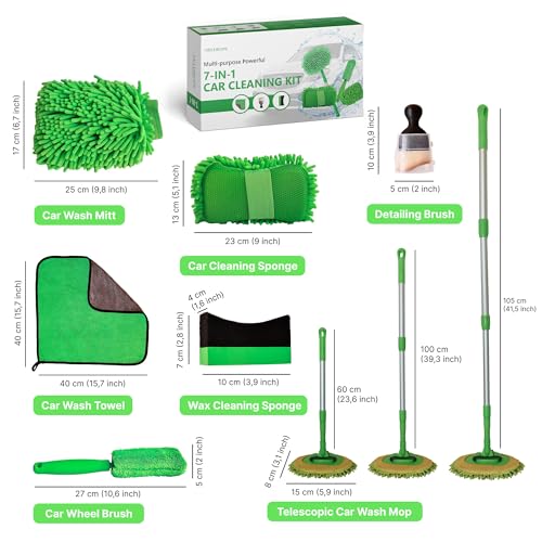 7-in-1 Car Detailing Kit - Powerful Multi-Purpose Complete Auto Cleaning Set with Telescopic Mop, Microfiber Mitt, Towel, Wheel & Interior Brushes