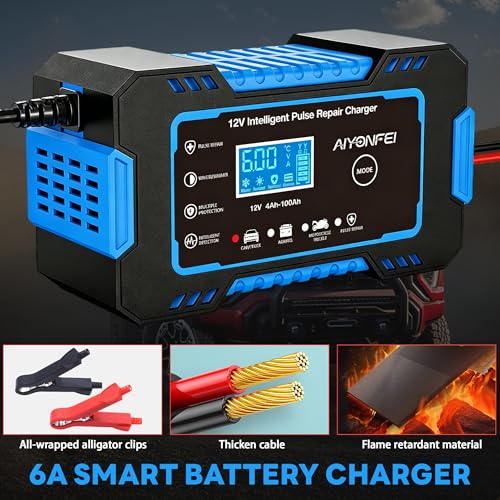 12V 6-Amp Battery Charger, Smart Trickle Charger & Maintainer Blue | Battery Desulfator, Winter & Summer Mode, Lead-acid Battery Chargers, for Car Truck Motorcycle Lawn Mower Boat - color: BLUE