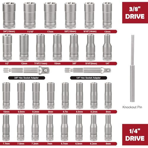 33mm Deep Reach Bolt Extractor Kit, with 3/8, 1/4 Inch Adapter, Ez Out Deep Broken Lug Nut Removal Socket Set, Easy-Out Spark Plug Remover Tool, for Stripped Rusted Bolts, Stud, Nuts Screw (32-Pieces)