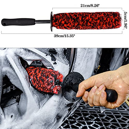 3 Pcs Soft Wheel Brushes for Cleaning Wheels Kit - 1x Synthetic Soft Car Wheel Rim Brush，1x Long Handle Cleaning Brush and 1x Car Detail Brush, Clean Dirty Wheel… - color: Red and Black