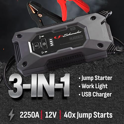 Schumacher Electric 2250A Rugged Lithium Car Battery Jump Starter and Portable Power Pack/Jump Box, 3-in-1 Solution, 2.4A USB Charging, for 12V Power Sport, Automotive, and Marine Batteries, SL1654 - style: 2250 Amp
