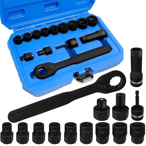 14PCS SAE Pass Through Socket Set, 3/8" Drive Go-Thru Ratchet Kit | SAE Impact, Deep Socket Wrench Adaptor, Reversing Ratchet, Extension Bar, Cr-V Steel, Low Profile, Long Bolts, Tight Spaces - size: 14Pcs Sae