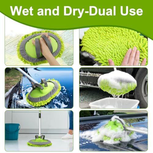 anngrowy 62" Microfiber Car Wash Brush Mop Kit Mitt Sponge with Long Handle Car Cleaning Supplies Kit Duster Washing Car Tools Accessories, 1 Chenille Scratch-Free Replacement Head Aluminum Alloy Pole - color: Green