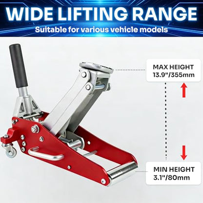 Low Profile Floor Jack 1.5 Ton, 3300LBS Hydraulic Car Jack with 3-3/20" to 14-10/27" Lift Range | Aluminum Steel Racing Jack with Dual Piston Quick Lift | Professional Garage Shop Equipment