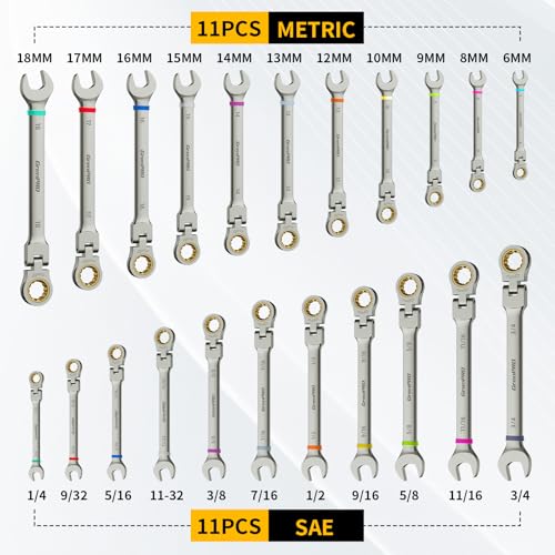 GRENPRO 23PCS Flex-Head Ratcheting Wrench Set, Combination Ratchet Wrenches Set Metric and Standard & SAE with Organizer Box, 6-18mm & 1/4" to 3/4" with Color Ring, Nickel Plating Socket Mechanic Tool - style: 23PCS Nickel Flex-Head Ratcheting Wrench Set