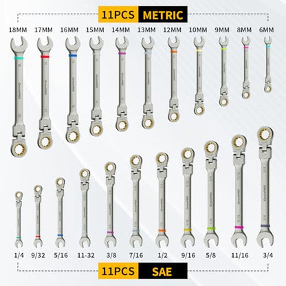 GRENPRO 23PCS Flex-Head Ratcheting Wrench Set, Combination Ratchet Wrenches Set Metric and Standard & SAE with Organizer Box, 6-18mm & 1/4" to 3/4" with Color Ring, Nickel Plating Socket Mechanic Tool - style: 23PCS Nickel Flex-Head Ratcheting Wrench Set