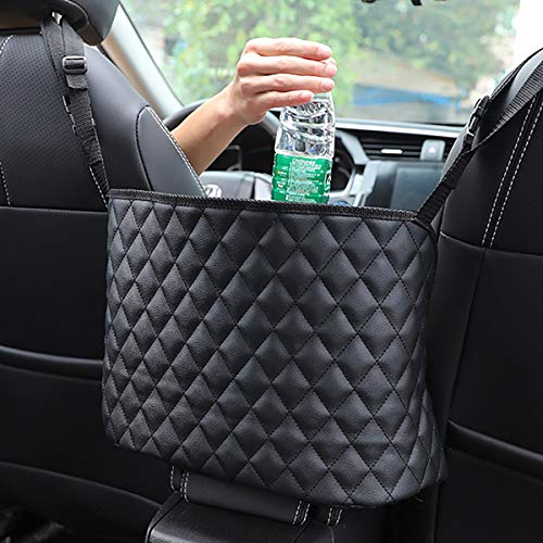 Car Purse Holder - Durable Leather Seat Back Organizer, Front Seat Storage Barrier, Pet & Kids Driver Storage Netting Pouch - color: Black