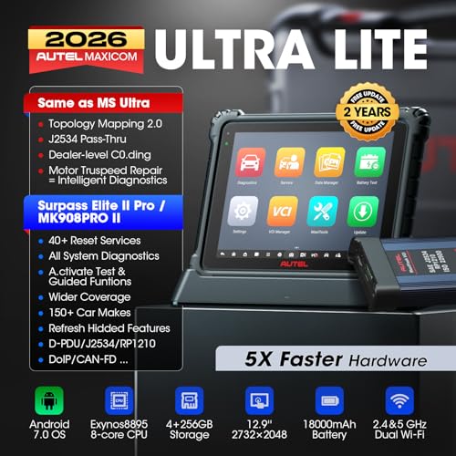 Autel MaxiCom Ultra Lite Scanner 2026: 2-Year Update Same as Maxisys Ultra Motor TruSpeed Repair, New Topology 2.0, 3000+ Test, 40+ Service, Level Up of MS919/Elite II Pro