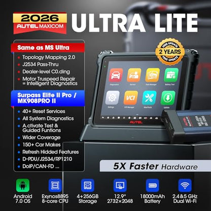 Autel MaxiCom Ultra Lite Scanner 2026: 2-Year Update Same as Maxisys Ultra Motor TruSpeed Repair, New Topology 2.0, 3000+ Test, 40+ Service, Level Up of MS919/Elite II Pro