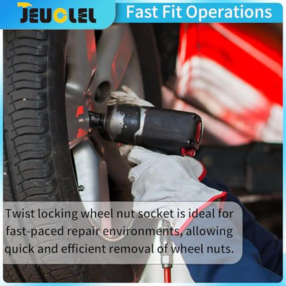 2PCS 1/2" Drive Emergency Lug Nut Remover Socket, Twist Locking Wheel Nut Socket Set for Stripped Lug Nut Removal 13/16" & 1" Compatible with Most Vehicles for Keyless Locking Nut Removal