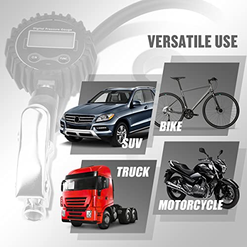 DNA Motoring Digital Tire Inflator 2.5" Pressure Gauge, 200 PSI Air Chuck, Compressor Accessories Heavy Duty, w/ 18in Rubber Tube & Quick Connect Coupler, TOOLS-00084