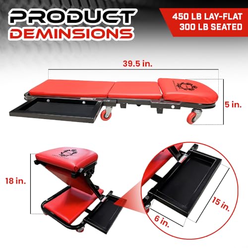 40" Mechanics Creeper Z fold with Side Tool Tray, 3 in 1 Low Profile,7pc-2.5" (360°) Swivel castors, Heavy Duty 450lb Laying Capacity 300lbs Seated, Home and Garage,
