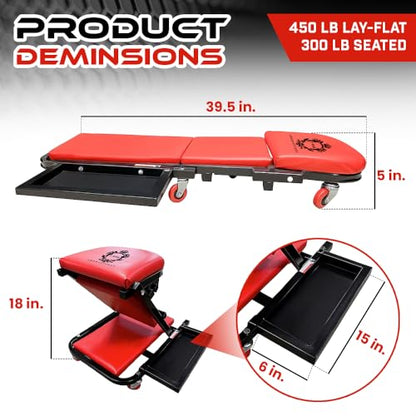 40" Mechanics Creeper Z fold with Side Tool Tray, 3 in 1 Low Profile,7pc-2.5" (360°) Swivel castors, Heavy Duty 450lb Laying Capacity 300lbs Seated, Home and Garage,