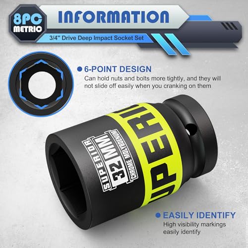 8 Piece 3/4" Drive Impact Socket Set, 26 mm - 38mm Jumbo Sockets, Metric, 6-Point, Heavy Duty CR-MO, Large Automotive Repairs, Machinery, Maintenance - size: 3/4" Axle Metric