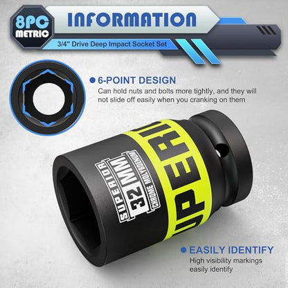 8 Piece 3/4" Drive Impact Socket Set, 26 mm - 38mm Jumbo Sockets, Metric, 6-Point, Heavy Duty CR-MO, Large Automotive Repairs, Machinery, Maintenance - size: 3/4" Axle Metric