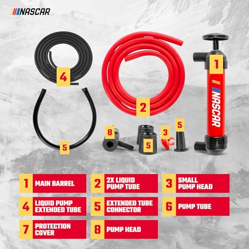 NASCAR Transfer Pump, Multi-Use Siphon Fuel Transfer Pump Kit for Gas Oil and Liquids, Leak-Free Gasoline Portable Fluid Transfer & Air Pump Kit for Water, Tires & More, Red & Black