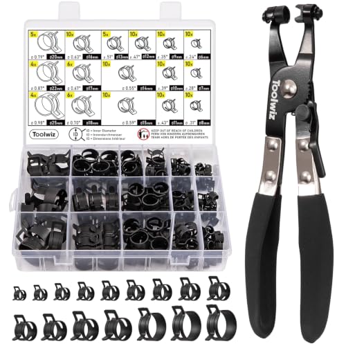 Toolwiz 130Pcs 6-25mm Spring Band Hose Clamps Assortment with Clamp Plier | Swivel Radiator Hose Clamp Pliers, Constant Tension Hose Clamp for Fuel Line, Silicone Vacuum Hose, Air Tube, Water Pipe - style: 130Pcs Spring Clamps with Plier