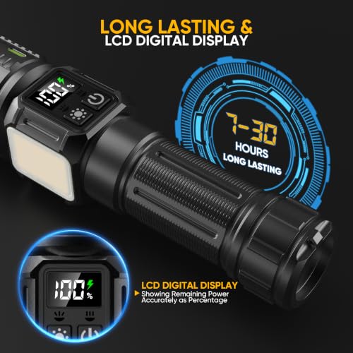 Rechargeable Flashlights High Lumens 100,000, Super Bright LED Flash Light Long Lasting USB C LCD Display, Dual Light Source & Buttons with Red Light, for Camping Hiking Emergency Home Gift