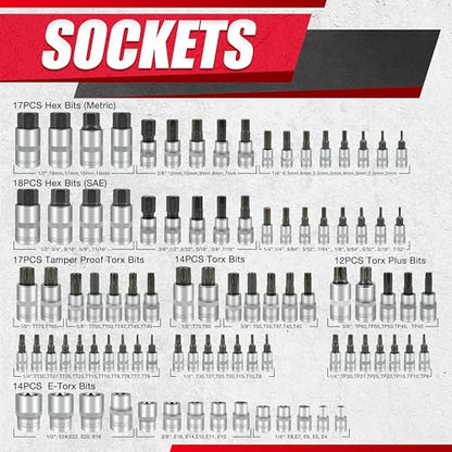EACELIY 92PCS 1/4” 3/8”and 1/2” Allen and Bit Socket Set,Drive Torx/Tamper Proof Torx/Hex, S2 Steel &CR-V,SAE & Metric - size: 92PCS