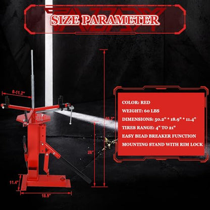 Multi Manual Tire Changer Machine for 4" to 21" Tires Portable Hand Bead Breaker Mounting Tool Heavy Duty Tire Changer for Motorcycle Gocart Trailer Bike ATV Truck (Red)