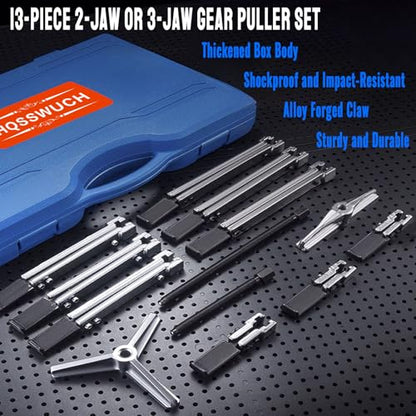 Gear Puller Set, 13Pcs Large Bearing Puller Kit, 2 Jaw & 3 Jaw Gear Puller, Heavy Duty Cr-V Steel Pulley Flywheel Puller for Removal Bearings, Gears, Pulleys and Flywheels Vehicles and Machinery. - size: 13pcs large puller