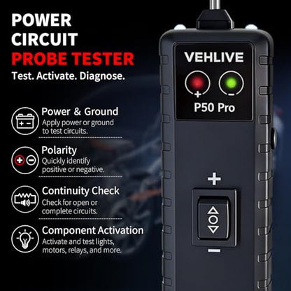 P50 Pro Power Circuit Probe Tester, 6-24V DC Automotive Circuit Tester with Component Activation, Dual LEDs, Manual Reset Protection, Polarity & Continuity Test, Short Finder Test Light
