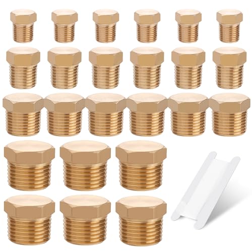 24 PCS Brass Hex Pipe Plug Fittings Kits,Brass Plugs Fitting Assortment Kit 1/8" 1/4" 3/8" 1/2" NTP Plugs Male Threaded - size: Hex Plug