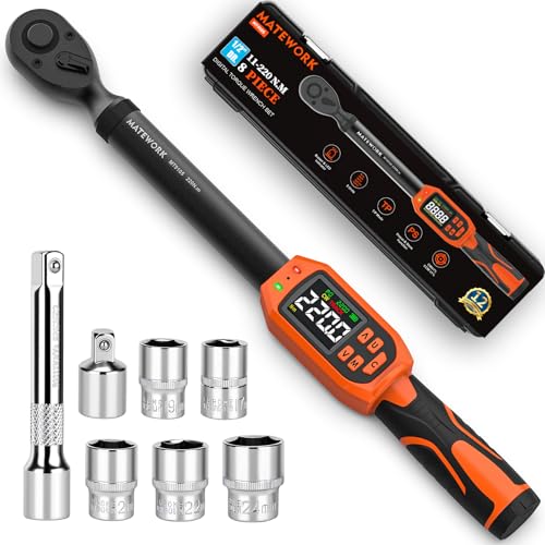 Matework Digital Torque Wrench 1/2" Drive | 8.5-160 ft.lb | ±1% High Accuracy | Buzzer and LED Alert | 3-Mode & 5-Unit Switch, 8PCS Digital Torque Wrench Set for Motorcycle, Car Maintenance - size: 1/2-Inch (8.5-160 ft·lb)