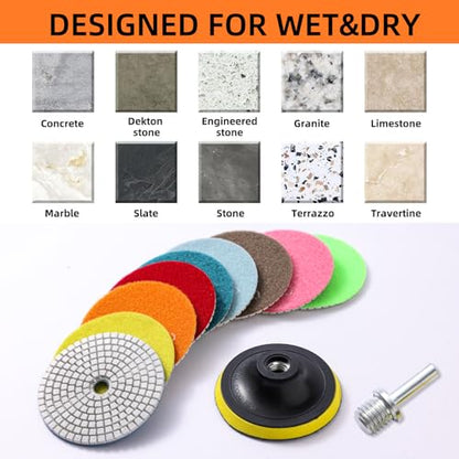 XKDOUS 13pcs Diamond Polishing Pads Set,50-8000 Grit Pads,Wet/Dry Granite Polish Kit with Backer Pad for Drill Grinder Rock Polisher Granite Marble Stone Concrete Tile Tools