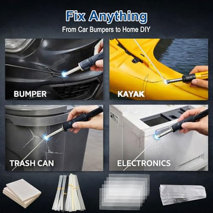 112 Pcs Plastic Welding Rods Kit, 7 Materials (PP ABS PE PU TPO PA PC) for Car Bumper & Kayak Repair, Includes 5 Stainless Steel Mesh, 4 Sanding Sponges & 5 Tapes, 7.87 Inch Plastic Weld Rods