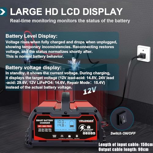 Battery Charger 30A, 12V/24V Lead Acid Smart Battery Charger, 12V LiFePO4 Car Battery Trickle Charger, Automatic Battery Maintainer for Car Motorcycle Lawn Mower Marine Boat Lead Acid Batteries - size: 30A-RED