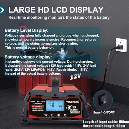 Battery Charger 30A, 12V/24V Lead Acid Smart Battery Charger, 12V LiFePO4 Car Battery Trickle Charger, Automatic Battery Maintainer for Car Motorcycle Lawn Mower Marine Boat Lead Acid Batteries - size: 30A-RED