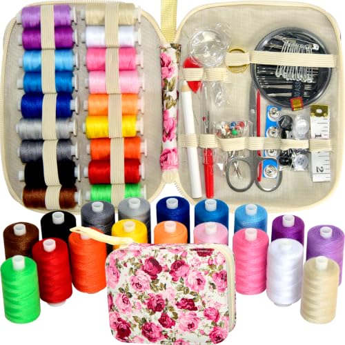 Sewing Kit with Case Portable Sewing Supplies for Home Traveler, Adults, Beginner, Emergency, Contains 18 Sewing Thread, Scissors, Needles, Measure etc,Black (red Rose） - color: Red Rose, size: 1 Pack