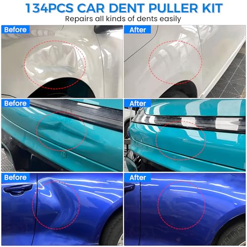 polisak 134Pcs Car Dent Puller Kit, Paintless Dent Removal Tool Kit with 3 in 1 T-bar Slide Hammer & Bridge Puller & Golden Lifter, Dent Repair Kit for Car Hail Damage Large Small Dent Fast Removal