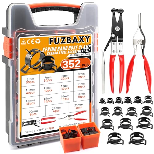 352Pcs Spring Band Hose Clamp Kit with Pliers, 15 Sizes 6-25mm Black Carbon Steel Spring Clamps for Fuel Lines Coolant Vacuum Hoses,Automotive Marine DIY - color: 352-piece