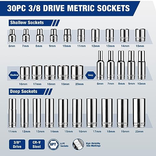 WORKPRO 32-Piece 3/8-inch Drive Metric Sockets and Ratchet | 30 Metric Deep and Shallow Sockets, 6-20mm with Magnetic Organizer, 72-Tooth Quick Release Reversible Ratchet, Auto Repair