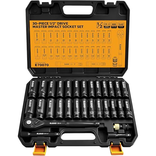 ELEAD 1/2" Drive Deep Impact Socket Set: 30-Piece Standard SAE (3/8 to 1 Inch) and Metric (10-24mm) Size, 3" and 5" Drive Extension Bar, Ratchet Handle, Bit Adapter, CR-V Steel for Auto Repair - style: 30pcs 1/2'' Drive Impact Socket Set