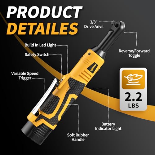 FULLYEA Cordless Electric Ratchet Wrench Set, 550RPM, 45Ft-lbs, 16.8V Extended cordless ratchet wrench 3/8, Power Ratchet with Variable Speed, 1/4" Adapter, 2 * 2.0Ah Battery and Fast Charger(Yellow)