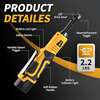 FULLYEA Cordless Electric Ratchet Wrench Set, 550RPM, 45Ft-lbs, 16.8V Extended cordless ratchet wrench 3/8, Power Ratchet with Variable Speed, 1/4" Adapter, 2 * 2.0Ah Battery and Fast Charger(Yellow)