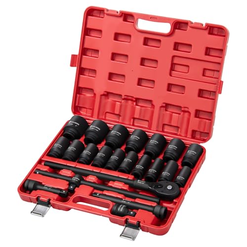 3/4" Impact Socket Set, 22PCS 6-Point SAE (3/4" to 2"), Cr-Mo, with Adapters, Quick Release Ratchet, Extension Bar & Storage Case - size: 22-Piece 3/4" Drive Impact Socket Set SAE