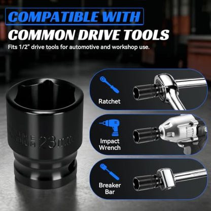 2PCS 23mm Impact Socket 1/2" Drive, 6 Point Metric Shallow Socket, CR-V Steel Heavy Duty Impact Wrench Socket for Automotive Repair - size: 23mm