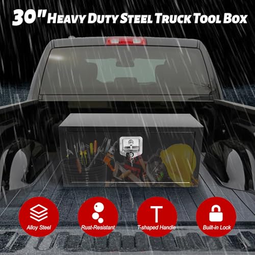 Steel Underbody Truck Tool Box ,Storage Organizer Toolbox with Key & Lock | Waterproof Tongue Box for Storage with Smooth Surface for Truck, Pickup, RV, Trailer - Black, 30" x 14" x 16" - size: 30" x 14" x 16"