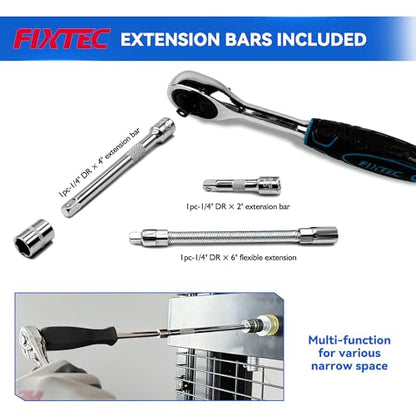 FIXTEC 46-Piece 1/4-Inch Drive Socket Ratchet Wrench Set, Metric Socket & Bit Set with Extension Bars, Universal Joint and Storage Case, CR-V Steel Tool Kit for Auto Repair and Home Maintenance