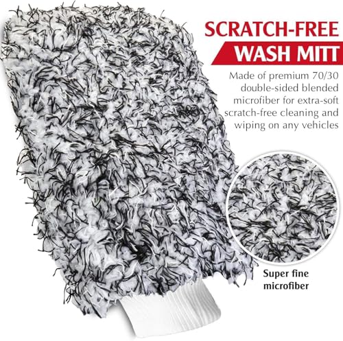 Pro Car Wash Mitt & Brush Kit: 2 Ultra Plush Chenille Mitts & Wheel Brush | Holds 10oz Water, Scratch-Free, Machine Washable | Includes Storage Bag
